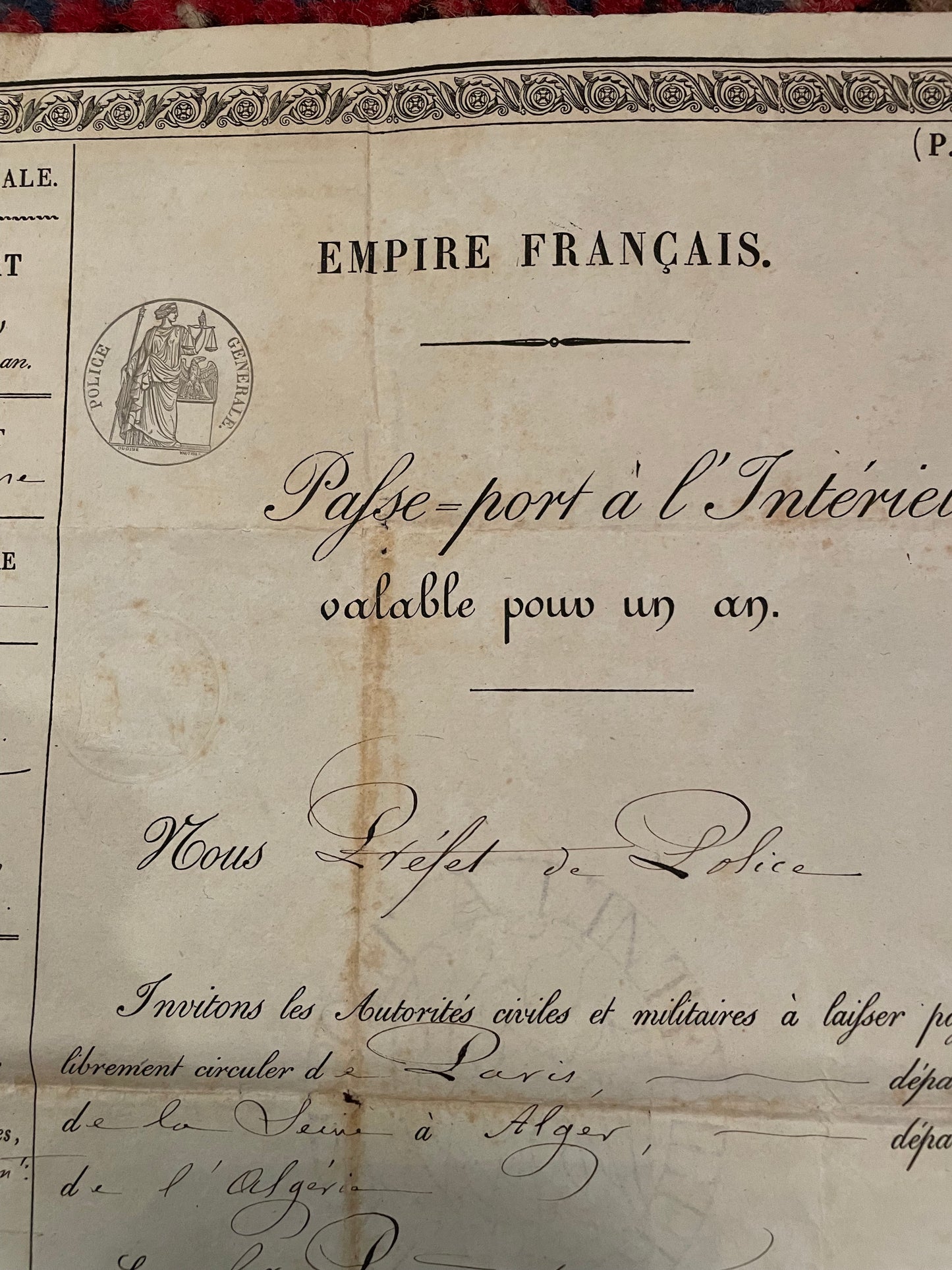 Passeport à l'intérieur Empire Francais 1862