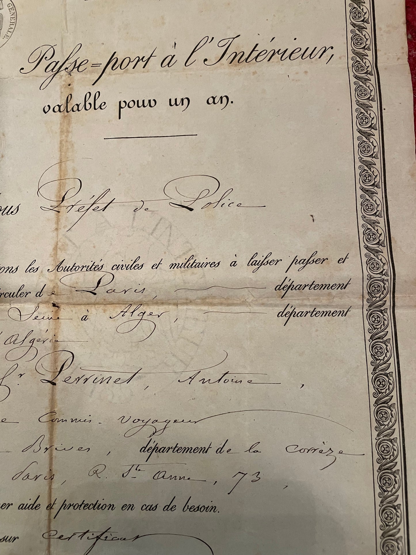 Passeport à l'intérieur Empire Francais 1862