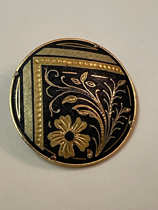 Broche ronde vintage des années 1950 Damascène noir et or et argent  2,8 cm